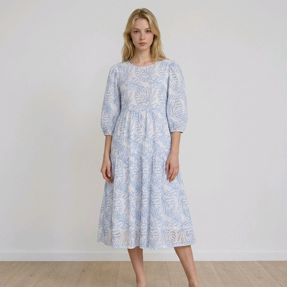 Review Dress Tropical Leaf‎ Blue White Embroidered Eyelet Cotton Boho Small